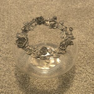 Vintage Glass Round Potpourri Bowl with Decorative Floral Metal Top